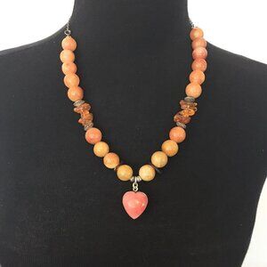 Heart shape pendant necklace - handcrafted with Carnelian Amber Pink Quartz 22"